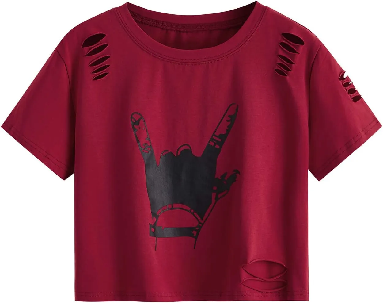 SweatyRocks Women's Short Sleeve T Shirt Graphic Print Distressed Crop Top