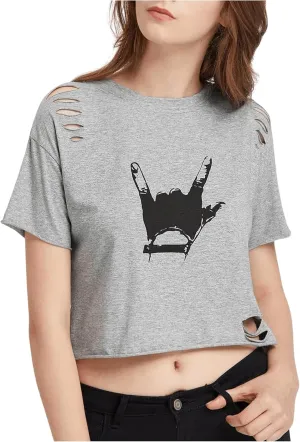 SweatyRocks Women's Short Sleeve T Shirt Graphic Print Distressed Crop Top