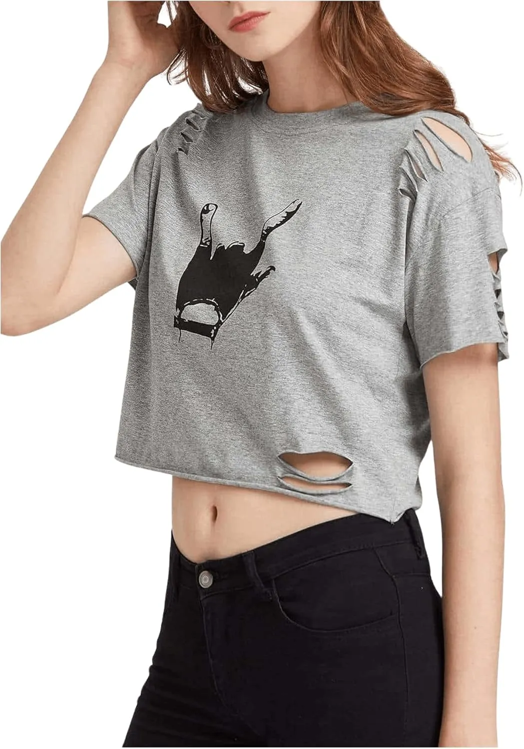 SweatyRocks Women's Short Sleeve T Shirt Graphic Print Distressed Crop Top