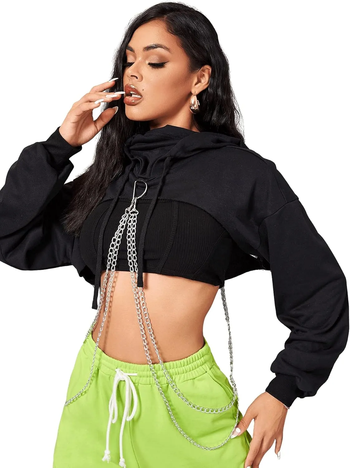 SweatyRocks Women's Solid Black Long Sleeve Pullover Crop Top Hoodie