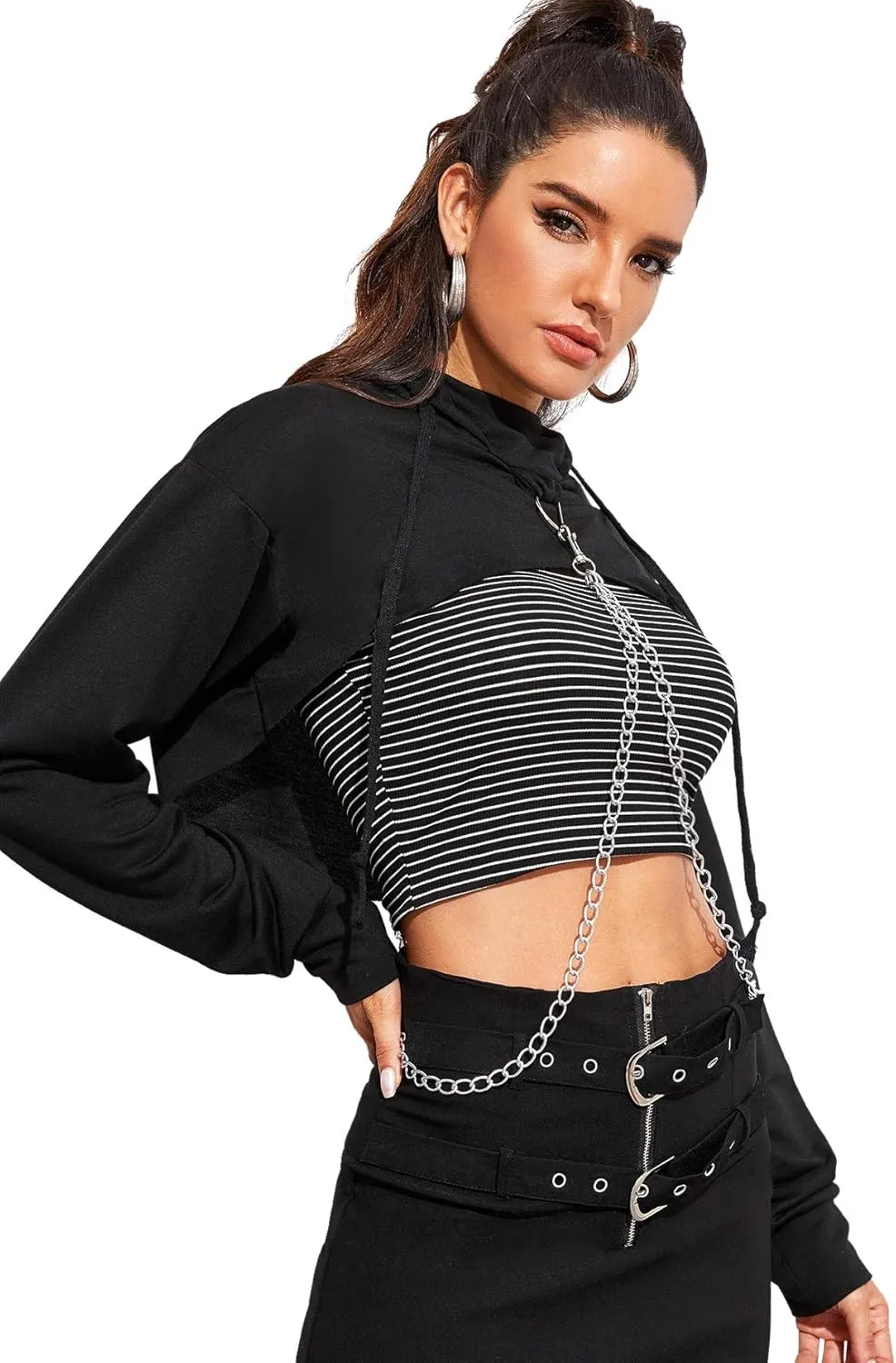 SweatyRocks Women's Solid Black Long Sleeve Pullover Crop Top Hoodie