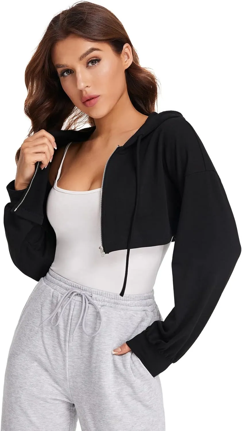 SweatyRocks Women's Solid Black Long Sleeve Pullover Crop Top Hoodie