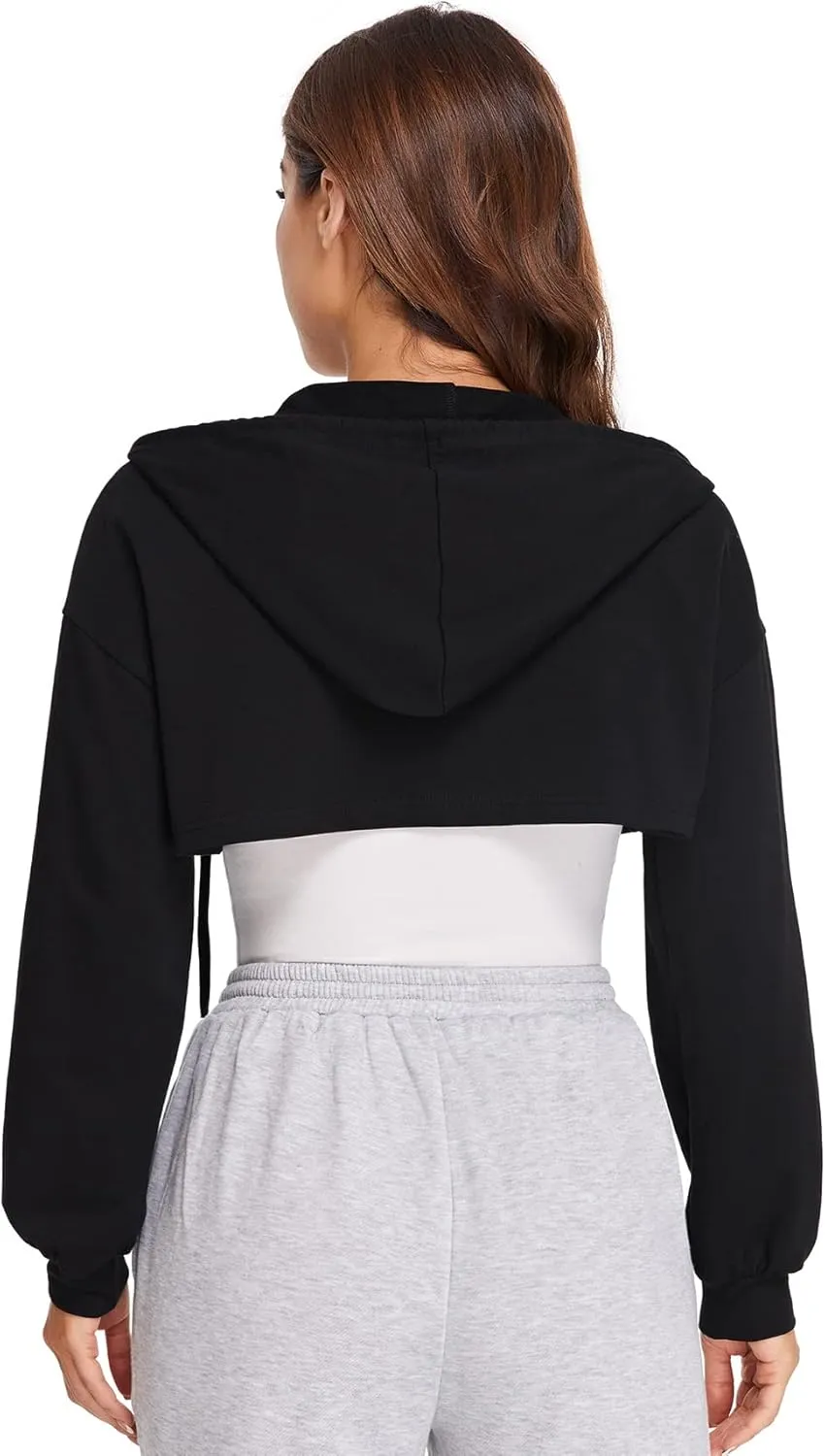 SweatyRocks Women's Solid Black Long Sleeve Pullover Crop Top Hoodie
