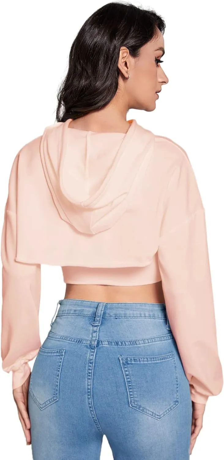 SweatyRocks Women's Solid Black Long Sleeve Pullover Crop Top Hoodie