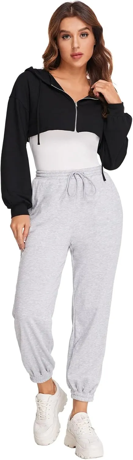 SweatyRocks Women's Solid Black Long Sleeve Pullover Crop Top Hoodie