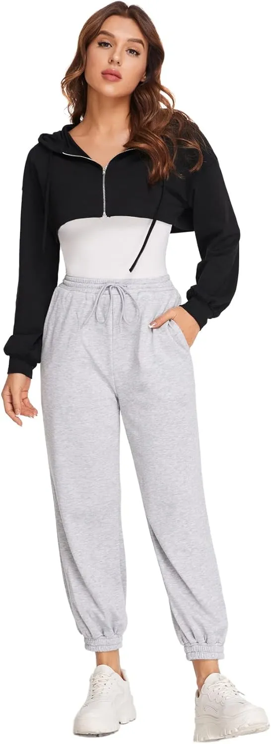 SweatyRocks Women's Solid Black Long Sleeve Pullover Crop Top Hoodie