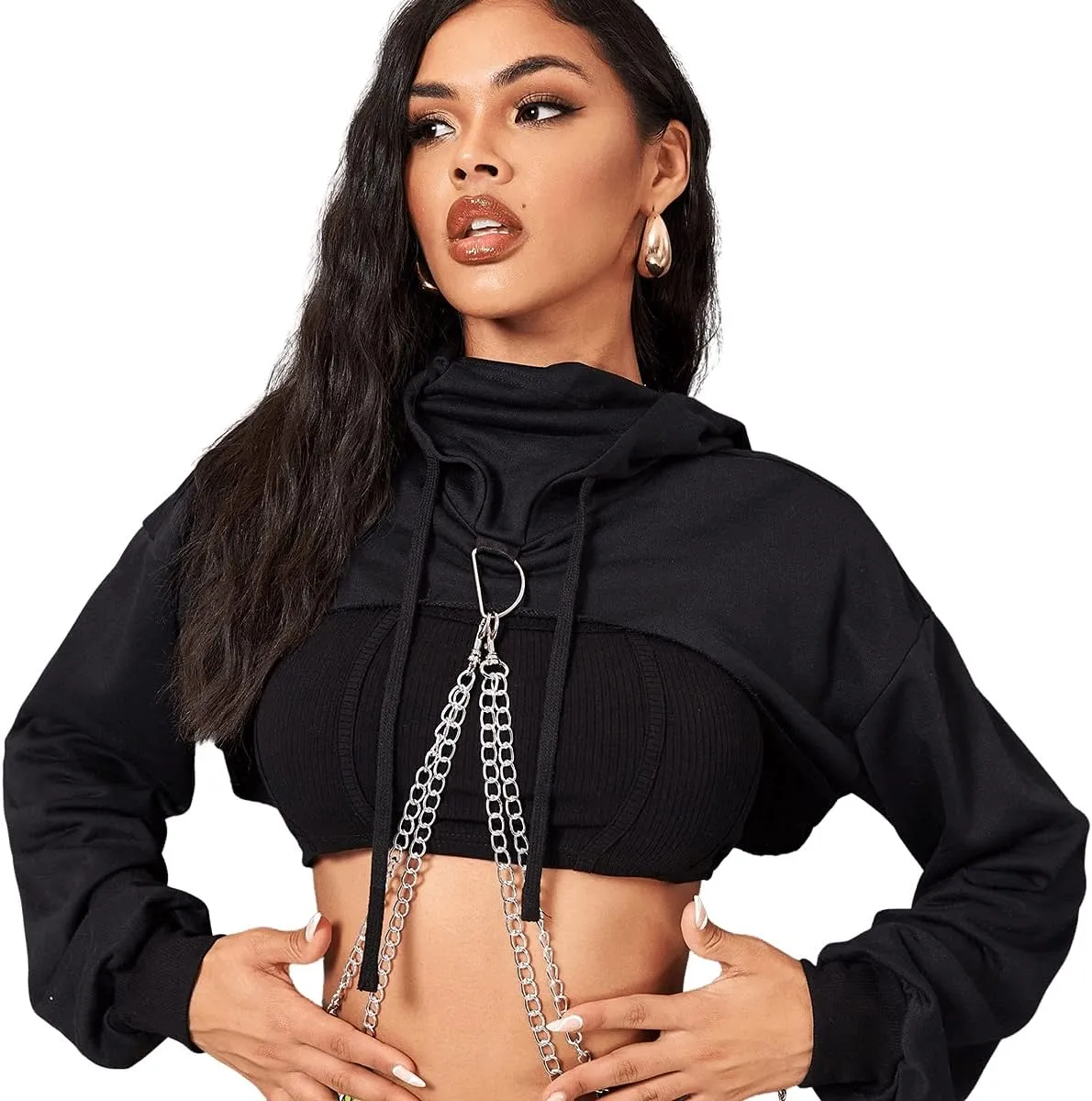 SweatyRocks Women's Solid Black Long Sleeve Pullover Crop Top Hoodie