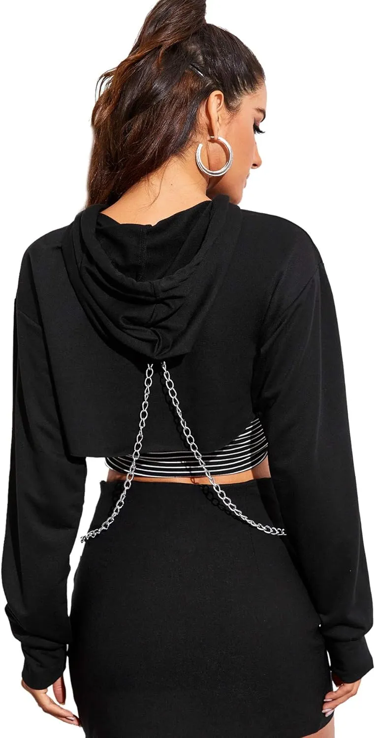 SweatyRocks Women's Solid Black Long Sleeve Pullover Crop Top Hoodie