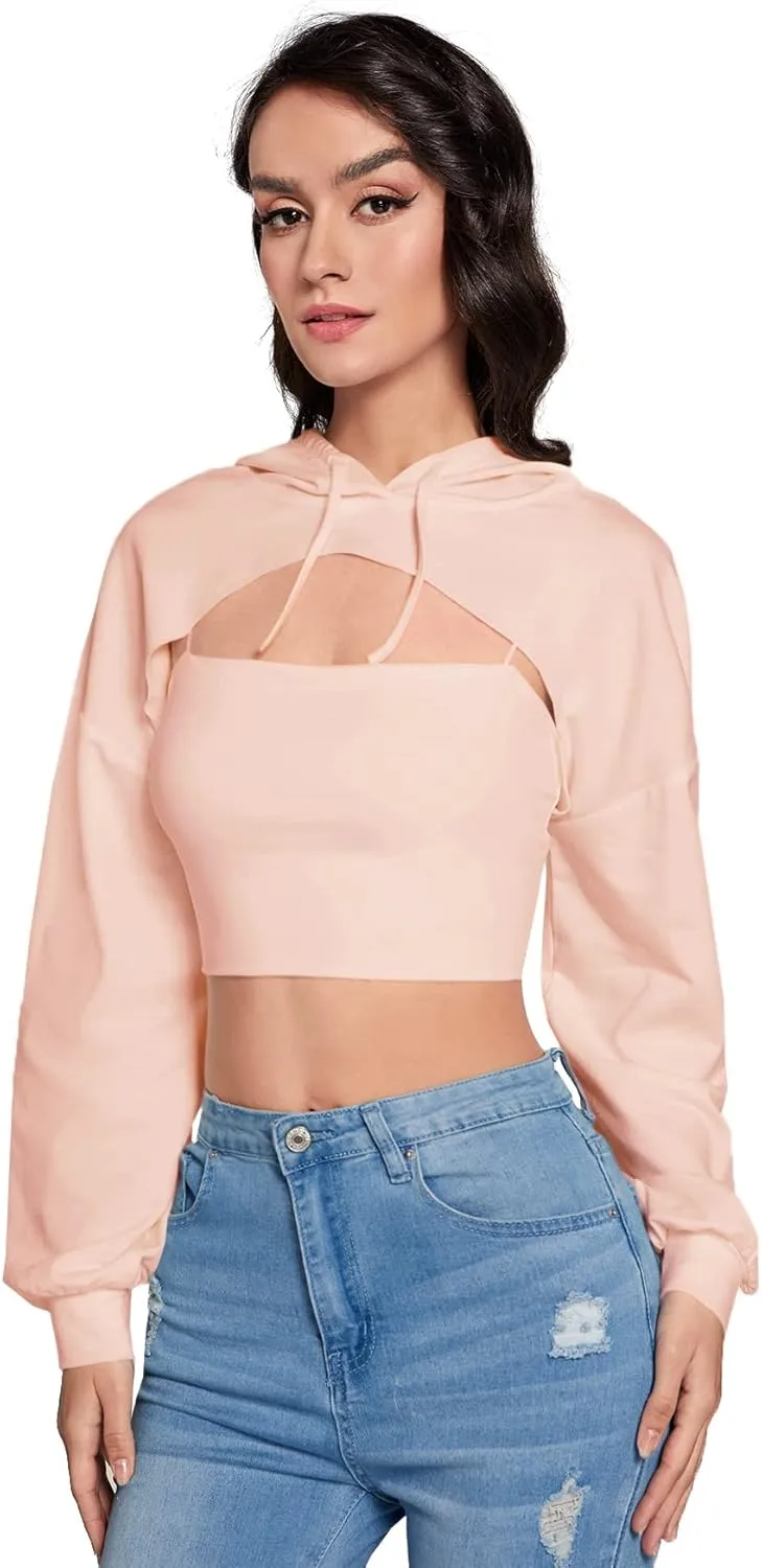 SweatyRocks Women's Solid Black Long Sleeve Pullover Crop Top Hoodie
