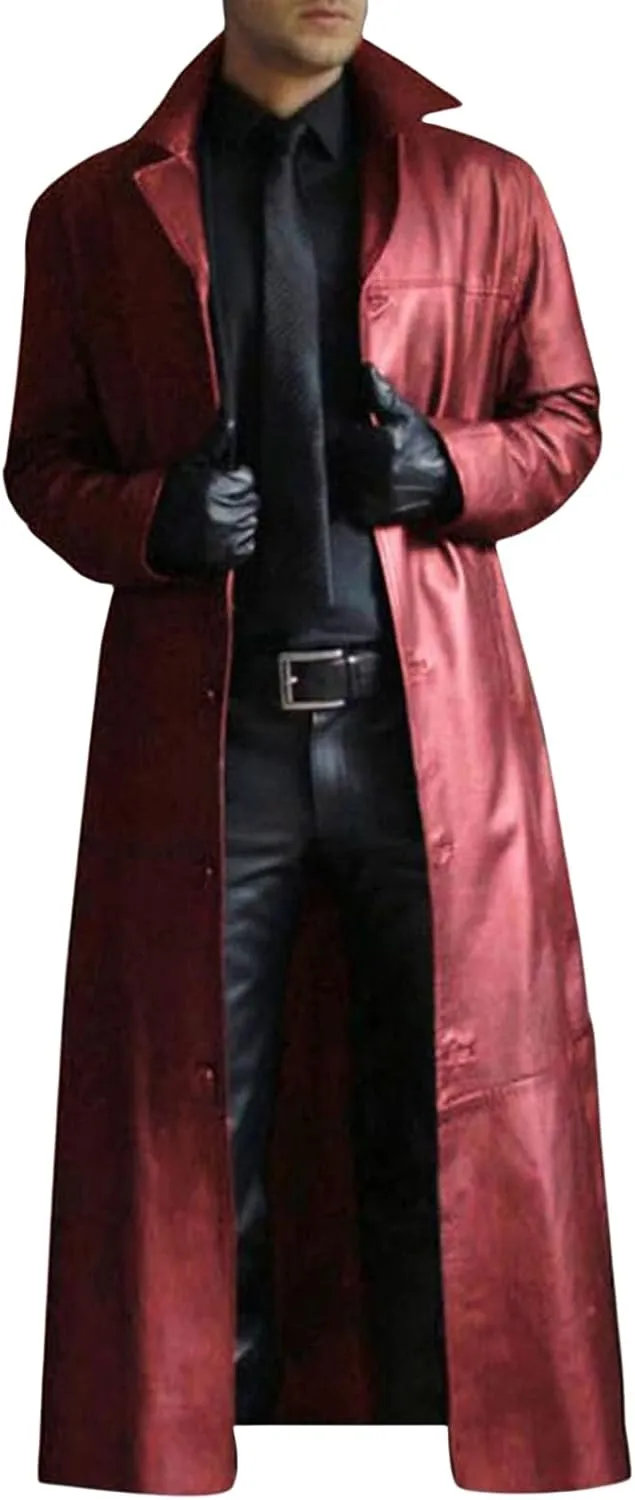 Thatrich Motorcycle Jacket Men Full Length Faux Leather Jackets Vintage Classic Trench Coat Steampunk Overcoat Winter Outwear