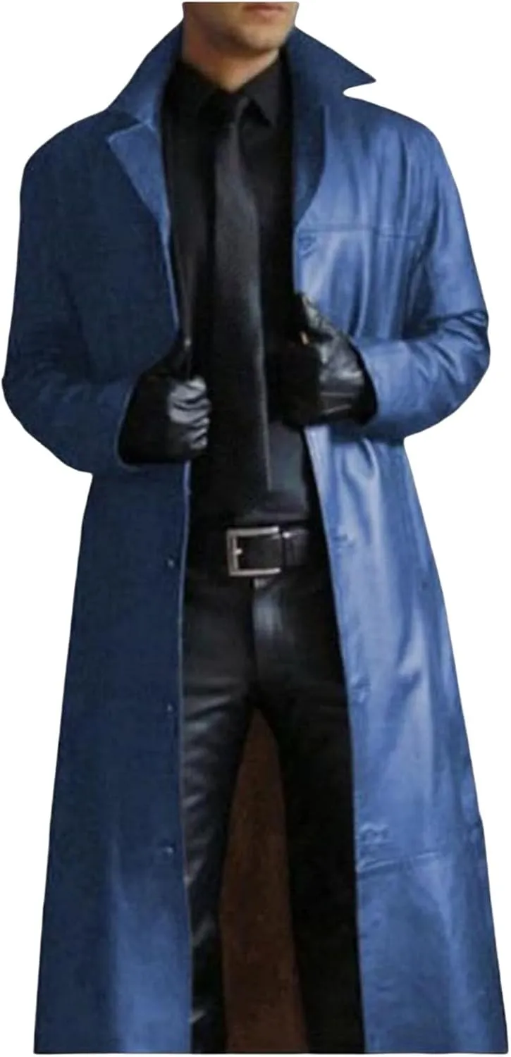 Thatrich Motorcycle Jacket Men Full Length Faux Leather Jackets Vintage Classic Trench Coat Steampunk Overcoat Winter Outwear