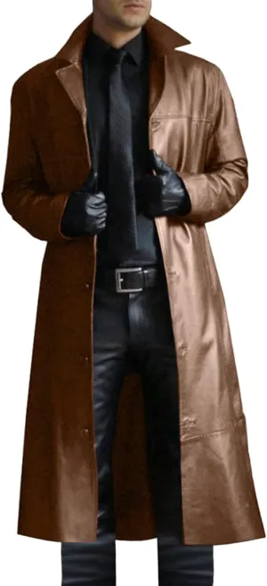 Thatrich Motorcycle Jacket Men Full Length Faux Leather Jackets Vintage Classic Trench Coat Steampunk Overcoat Winter Outwear