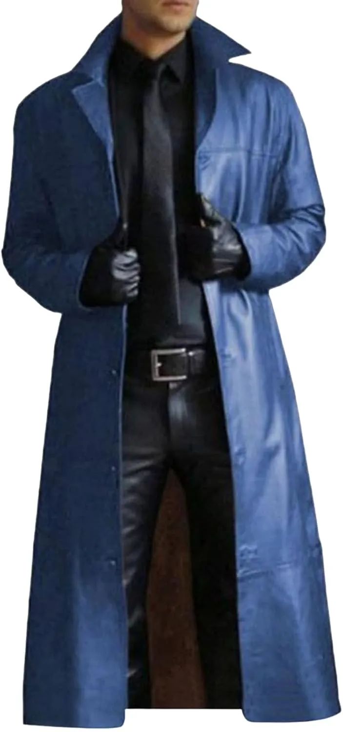 Thatrich Motorcycle Jacket Men Full Length Faux Leather Jackets Vintage Classic Trench Coat Steampunk Overcoat Winter Outwear