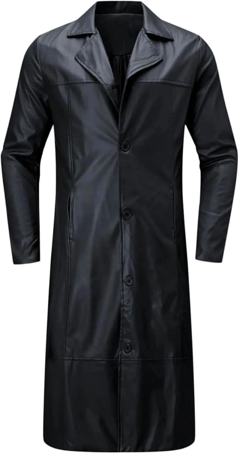Thatrich Motorcycle Jacket Men Full Length Faux Leather Jackets Vintage Classic Trench Coat Steampunk Overcoat Winter Outwear
