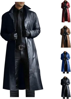 Thatrich Motorcycle Jacket Men Full Length Faux Leather Jackets Vintage Classic Trench Coat Steampunk Overcoat Winter Outwear