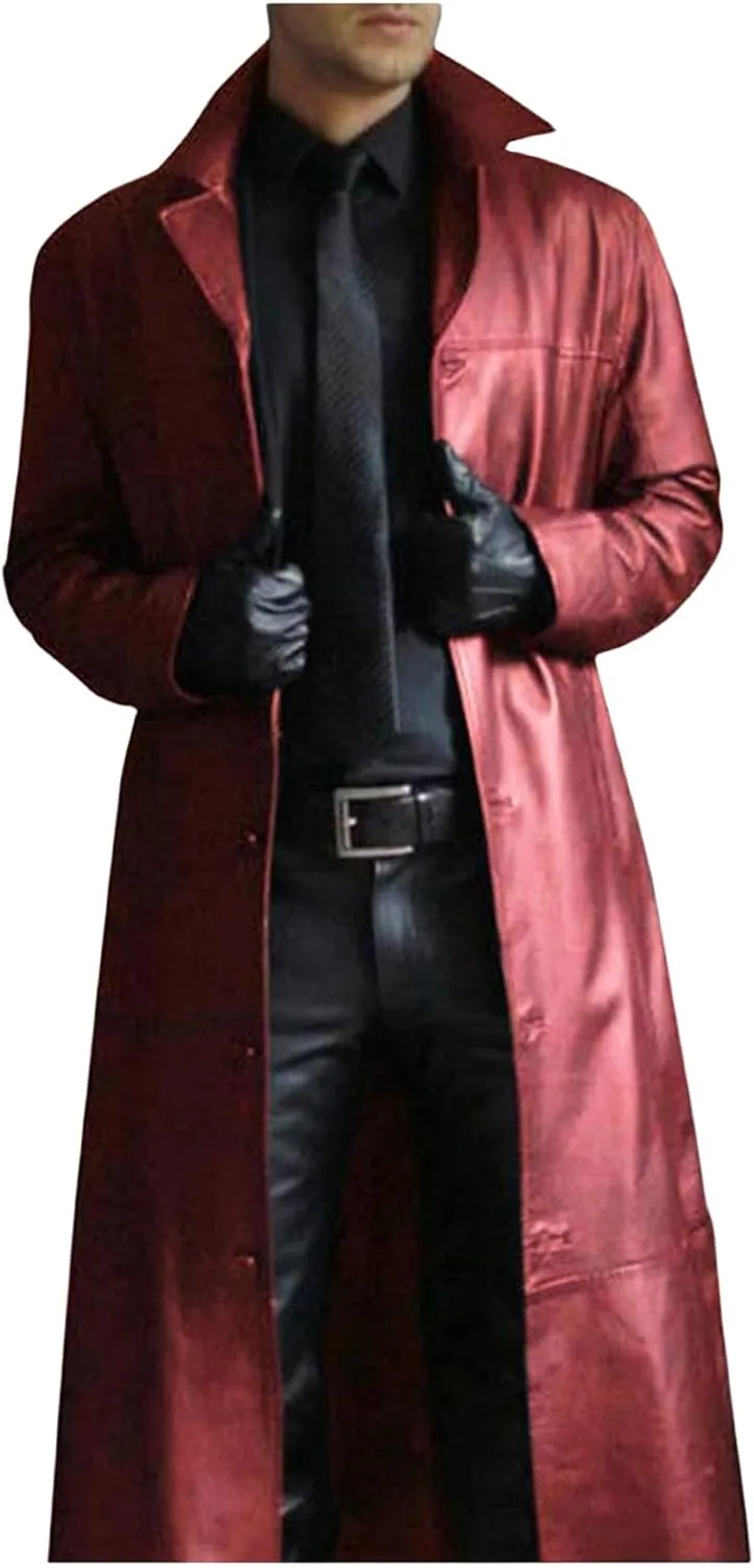 Thatrich Motorcycle Jacket Men Full Length Faux Leather Jackets Vintage Classic Trench Coat Steampunk Overcoat Winter Outwear