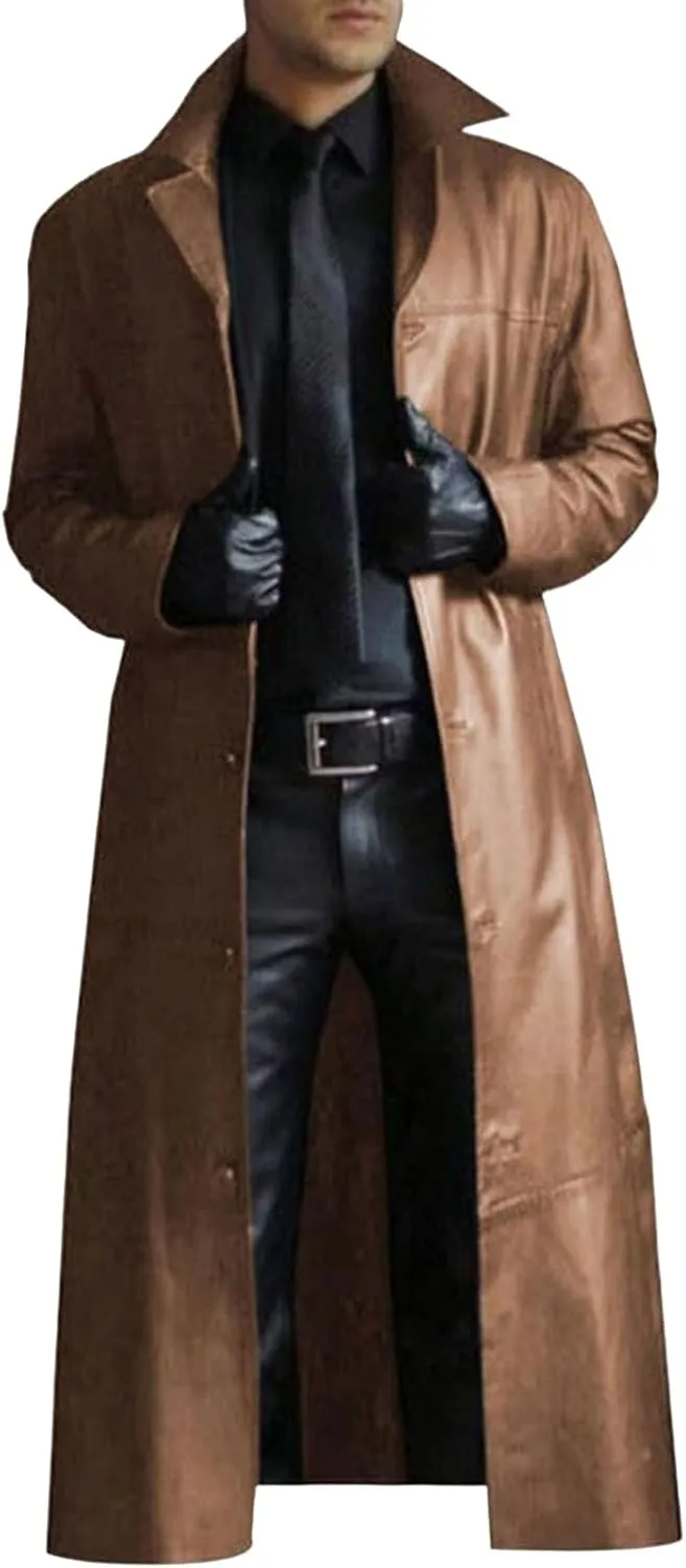 Thatrich Motorcycle Jacket Men Full Length Faux Leather Jackets Vintage Classic Trench Coat Steampunk Overcoat Winter Outwear