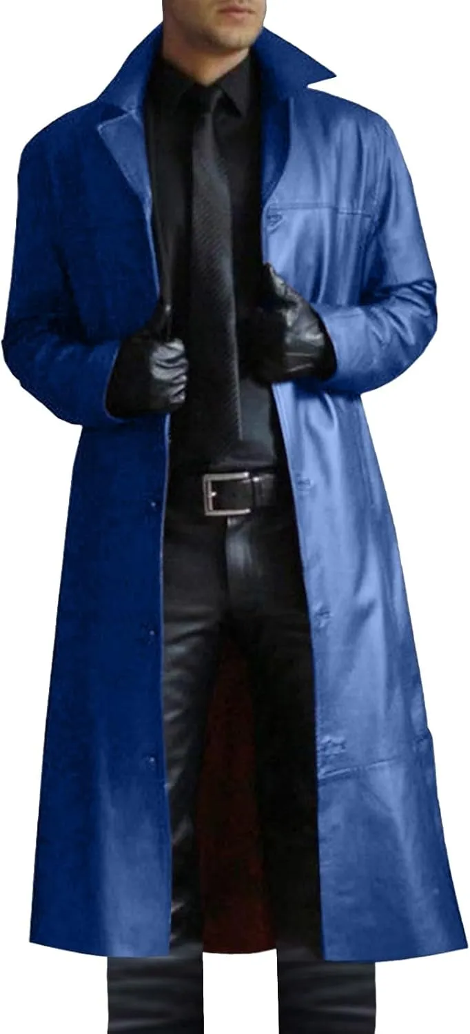 Thatrich Motorcycle Jacket Men Full Length Faux Leather Jackets Vintage Classic Trench Coat Steampunk Overcoat Winter Outwear