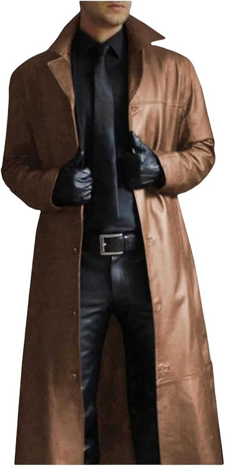 Thatrich Motorcycle Jacket Men Full Length Faux Leather Jackets Vintage Classic Trench Coat Steampunk Overcoat Winter Outwear