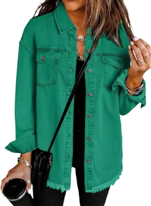 The Beauty North Denim Jacket, Women's Oversized Fringed Denim Jacket with Pockets,Women's Ripped Denim Jacket