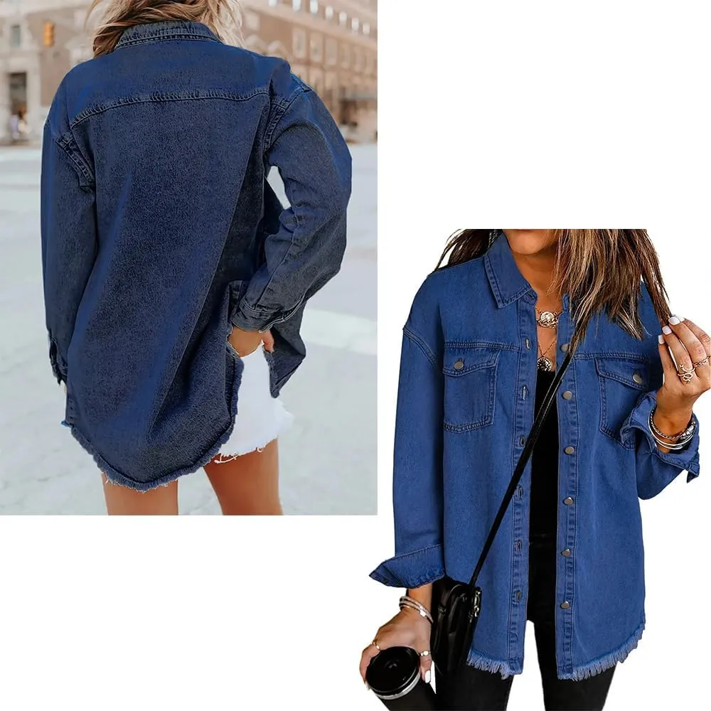 The Beauty North Denim Jacket, Women's Oversized Fringed Denim Jacket with Pockets,Women's Ripped Denim Jacket