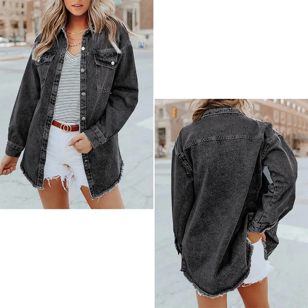 The Beauty North Denim Jacket, Women's Oversized Fringed Denim Jacket with Pockets,Women's Ripped Denim Jacket