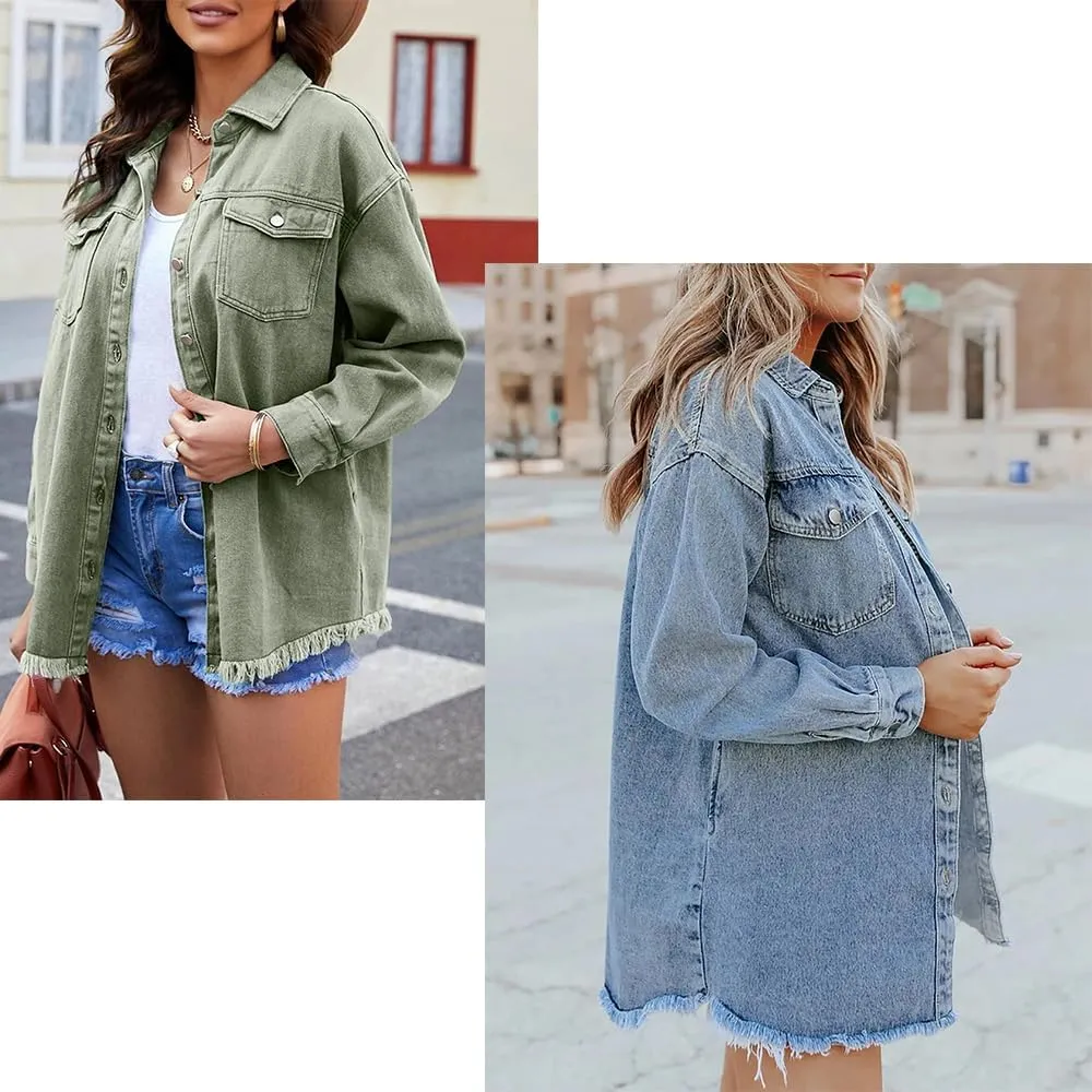 The Beauty North Denim Jacket, Women's Oversized Fringed Denim Jacket with Pockets,Women's Ripped Denim Jacket