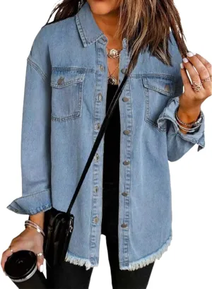 The Beauty North Denim Jacket, Women's Oversized Fringed Denim Jacket with Pockets,Women's Ripped Denim Jacket