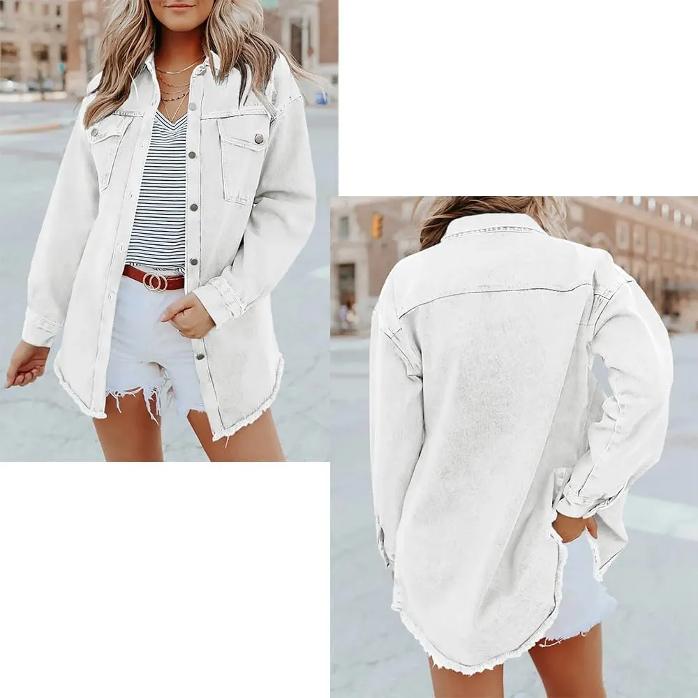 The Beauty North Denim Jacket, Women's Oversized Fringed Denim Jacket with Pockets,Women's Ripped Denim Jacket