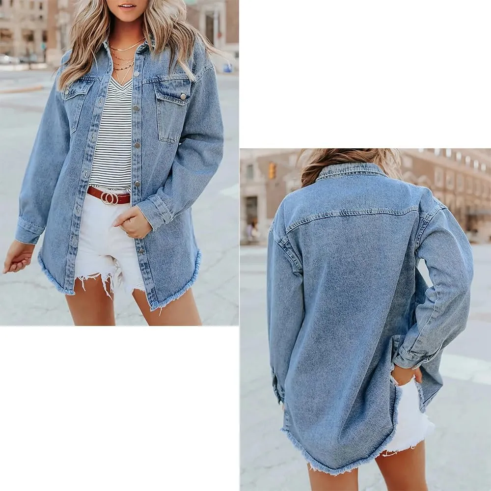 The Beauty North Denim Jacket, Women's Oversized Fringed Denim Jacket with Pockets,Women's Ripped Denim Jacket