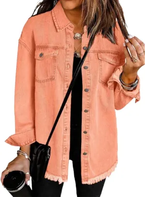 The Beauty North Denim Jacket, Women's Oversized Fringed Denim Jacket with Pockets,Women's Ripped Denim Jacket