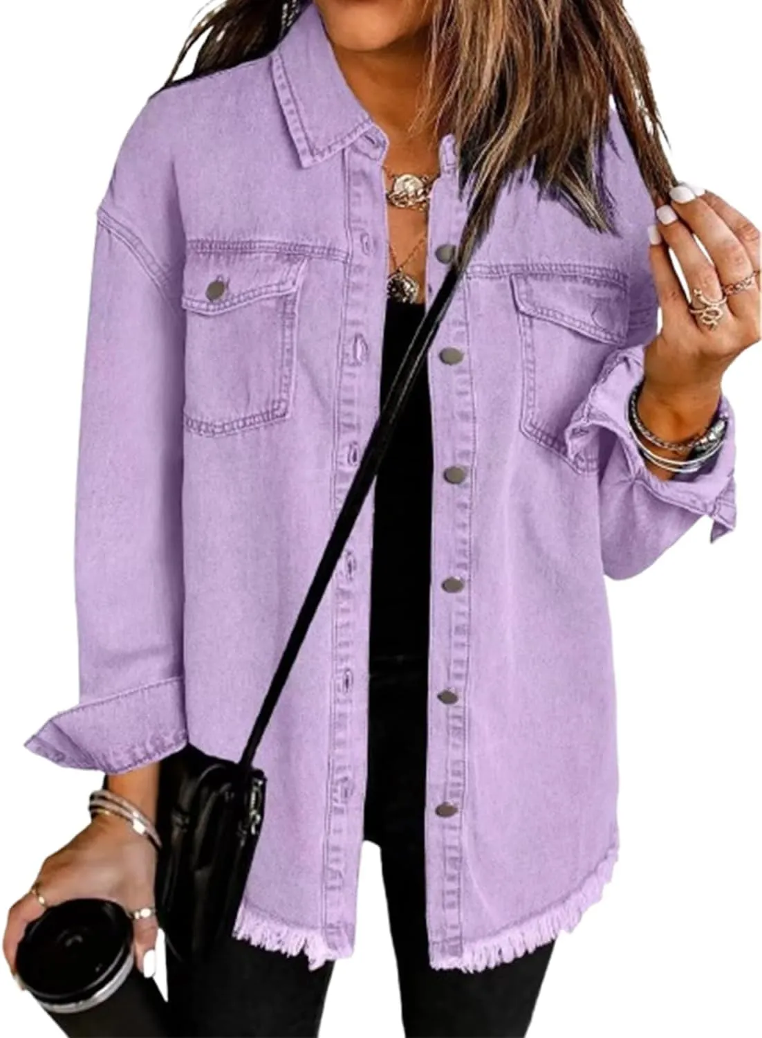 The Beauty North Denim Jacket, Women's Oversized Fringed Denim Jacket with Pockets,Women's Ripped Denim Jacket