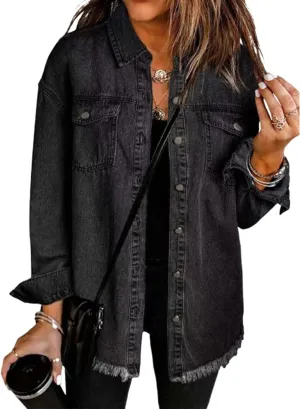 The Beauty North Denim Jacket, Women's Oversized Fringed Denim Jacket with Pockets,Women's Ripped Denim Jacket