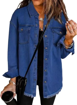 The Beauty North Denim Jacket, Women's Oversized Fringed Denim Jacket with Pockets,Women's Ripped Denim Jacket