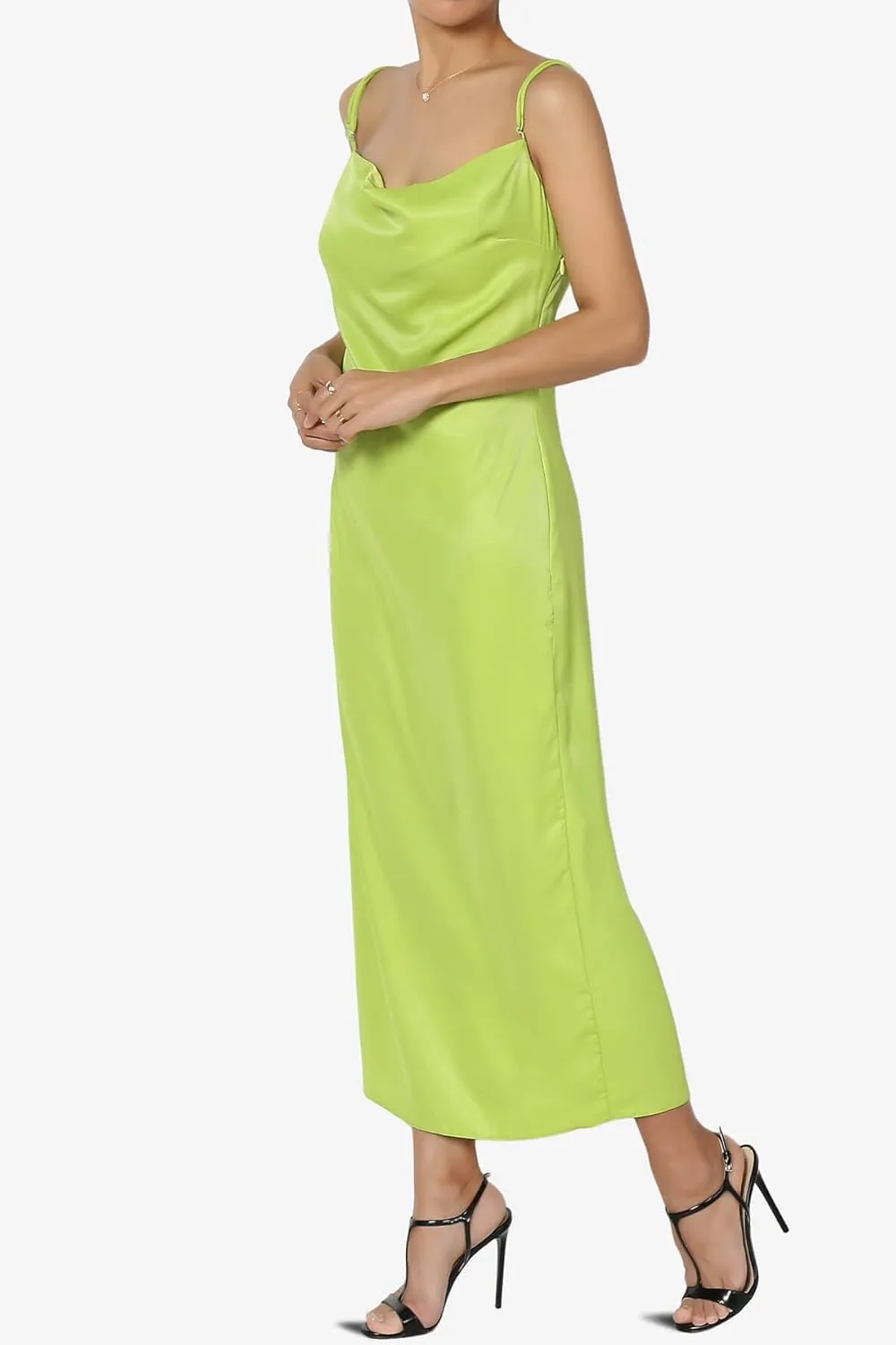 TheMogan Sleeveless Spaghetti Strap Silky Stretch Satin Knee Midi Slip Dress
