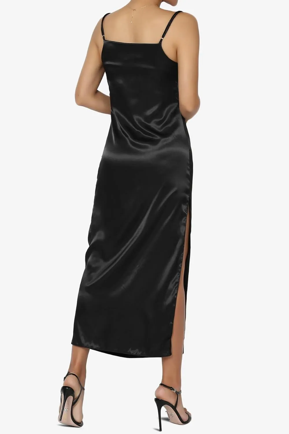 TheMogan Sleeveless Spaghetti Strap Silky Stretch Satin Knee Midi Slip Dress