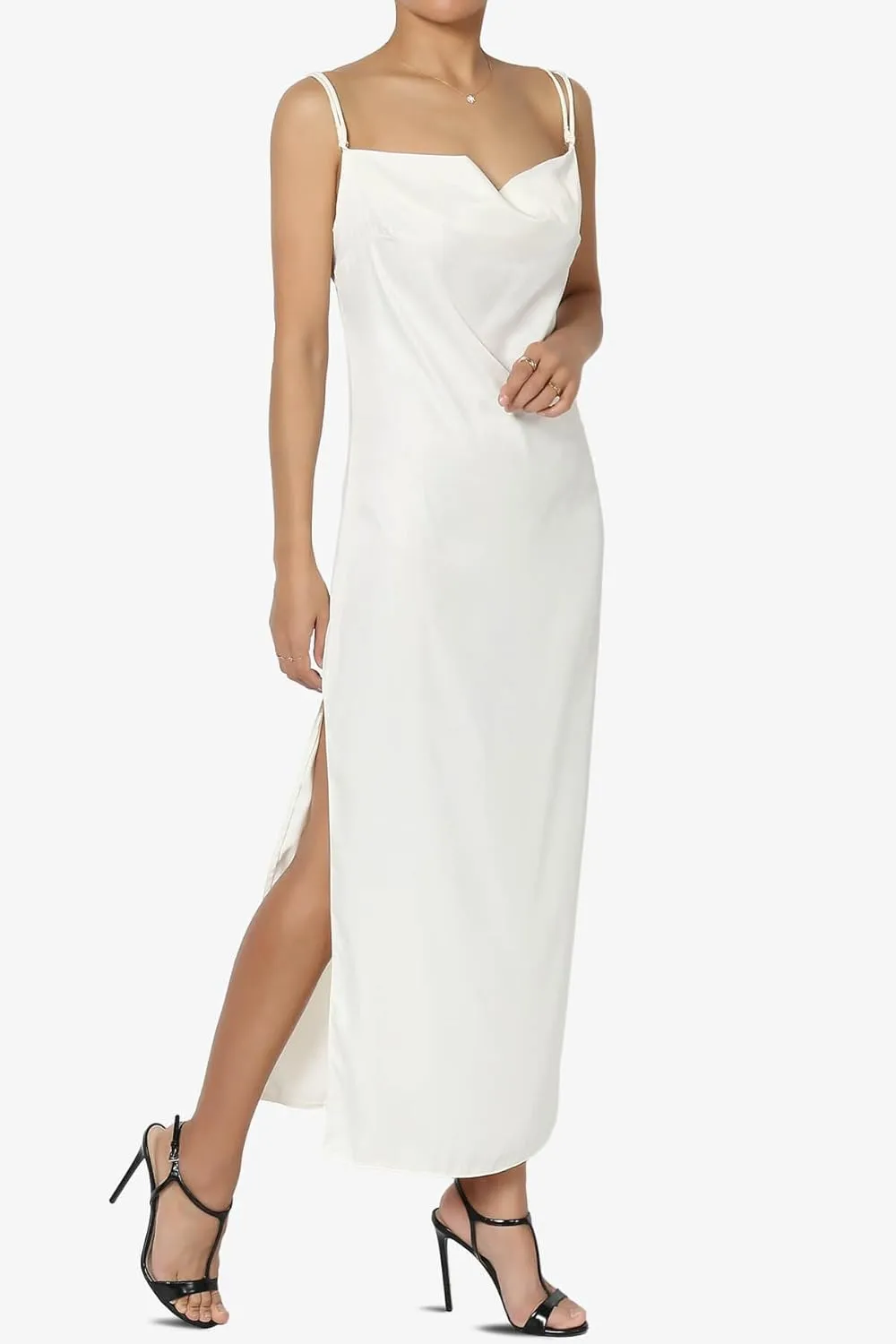 TheMogan Sleeveless Spaghetti Strap Silky Stretch Satin Knee Midi Slip Dress