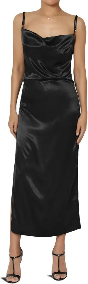 TheMogan Sleeveless Spaghetti Strap Silky Stretch Satin Knee Midi Slip Dress