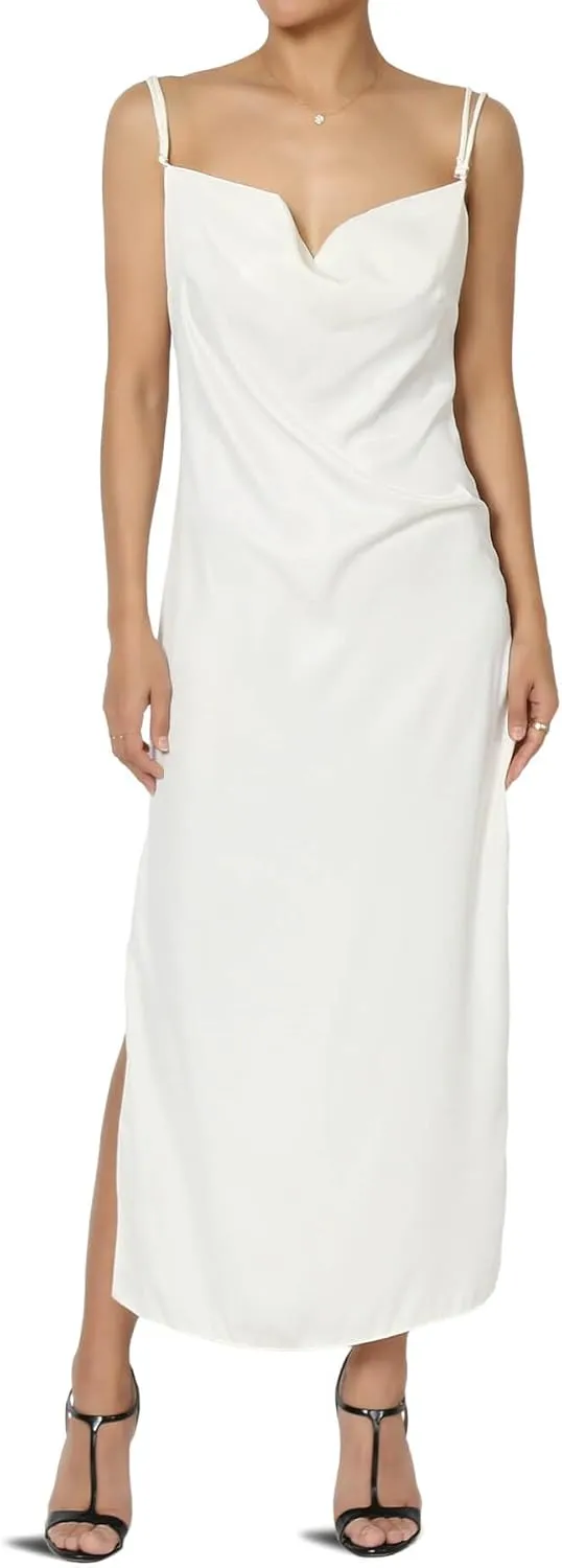 TheMogan Sleeveless Spaghetti Strap Silky Stretch Satin Knee Midi Slip Dress