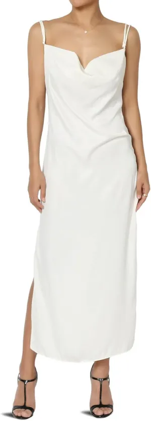 TheMogan Sleeveless Spaghetti Strap Silky Stretch Satin Knee Midi Slip Dress