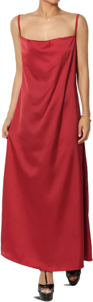 TheMogan Sleeveless Spaghetti Strap Silky Stretch Satin Knee Midi Slip Dress