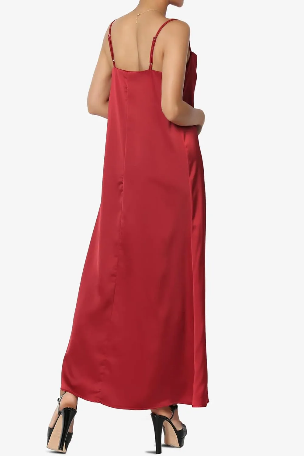 TheMogan Sleeveless Spaghetti Strap Silky Stretch Satin Knee Midi Slip Dress