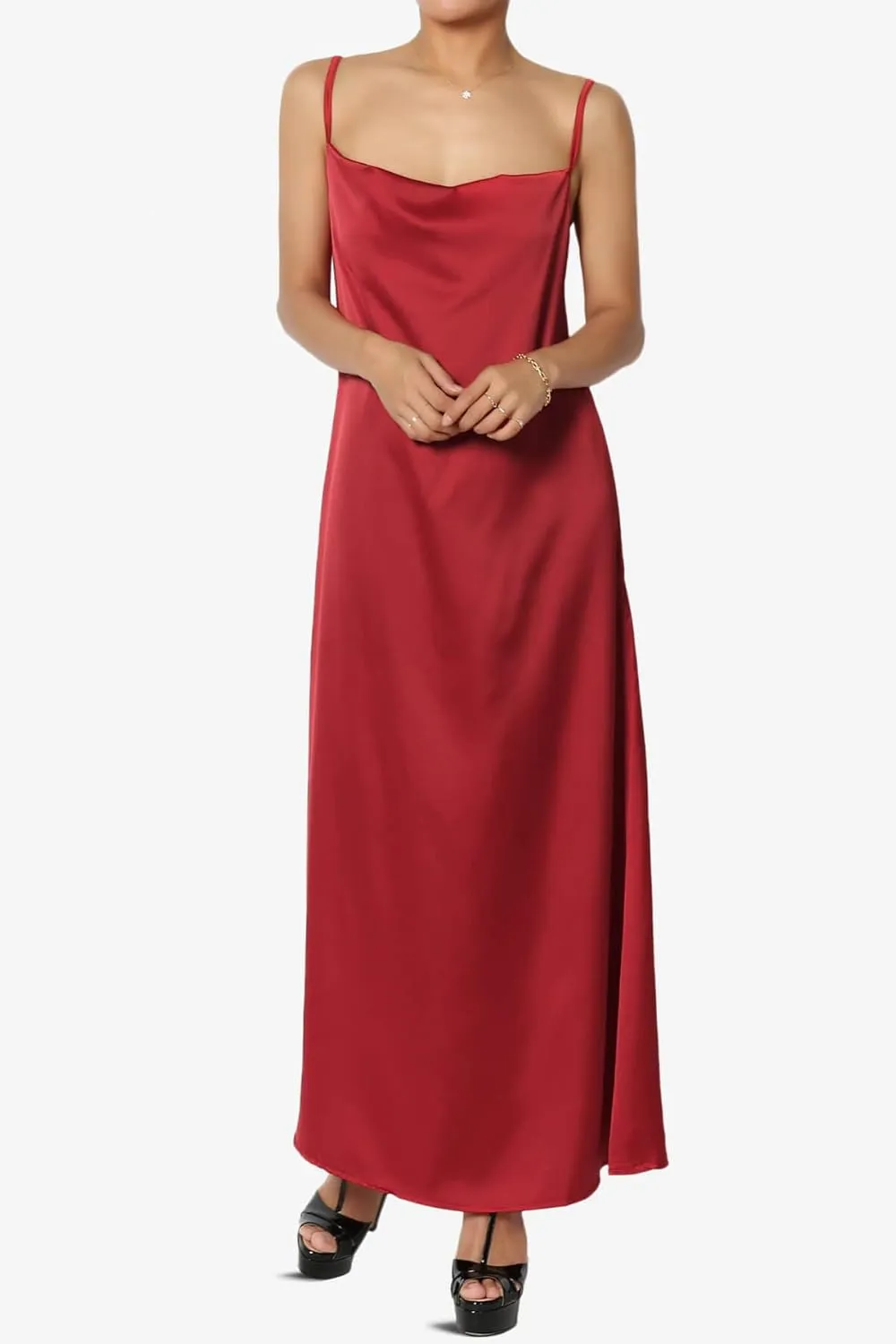TheMogan Sleeveless Spaghetti Strap Silky Stretch Satin Knee Midi Slip Dress