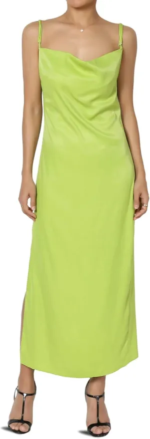 TheMogan Sleeveless Spaghetti Strap Silky Stretch Satin Knee Midi Slip Dress