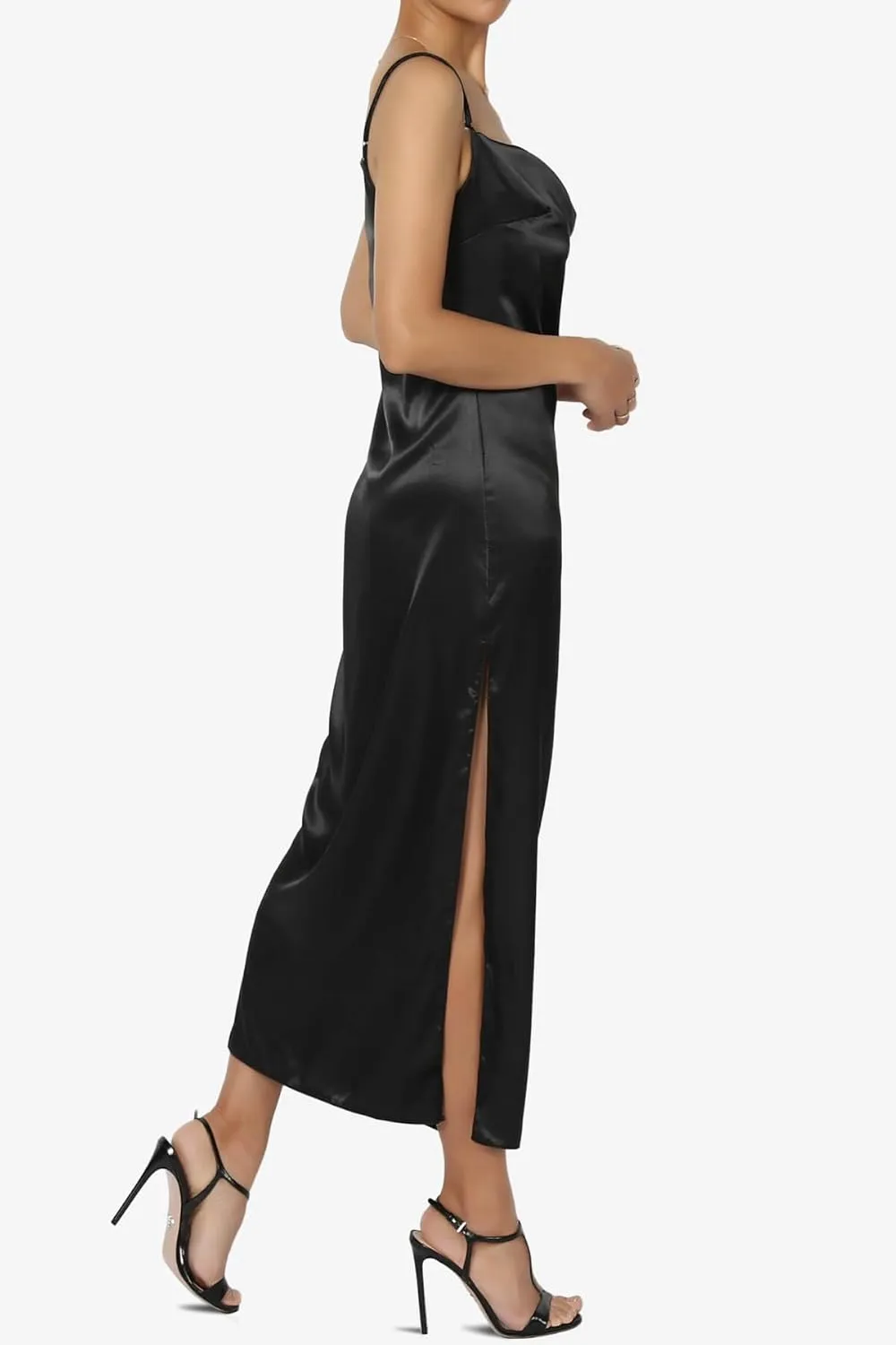 TheMogan Sleeveless Spaghetti Strap Silky Stretch Satin Knee Midi Slip Dress