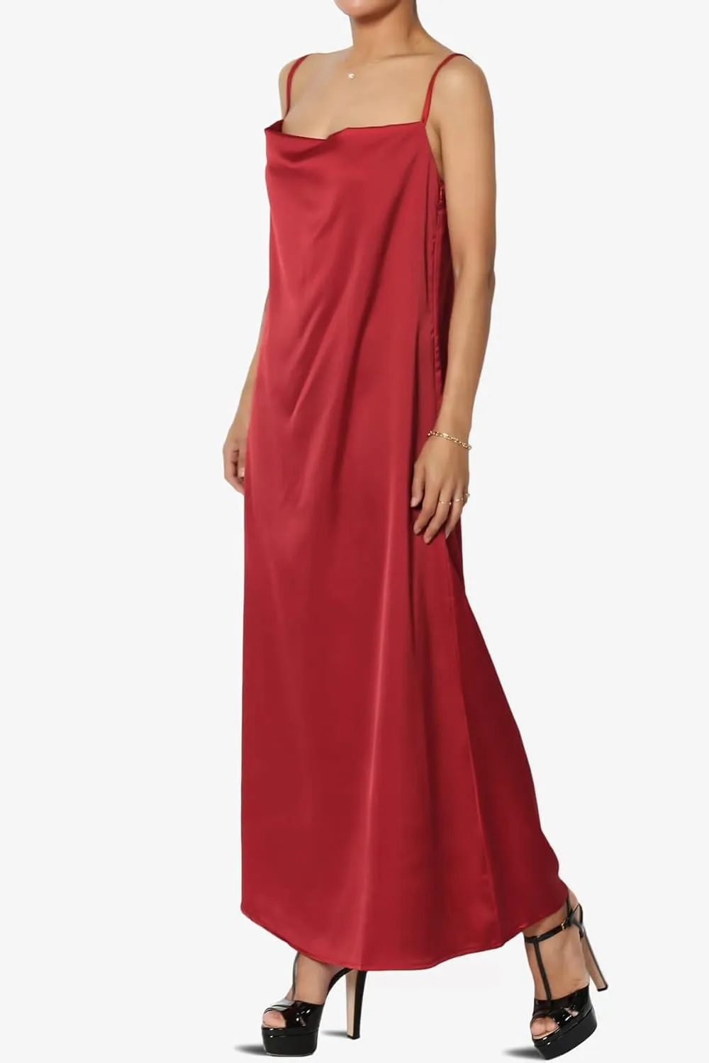 TheMogan Sleeveless Spaghetti Strap Silky Stretch Satin Knee Midi Slip Dress