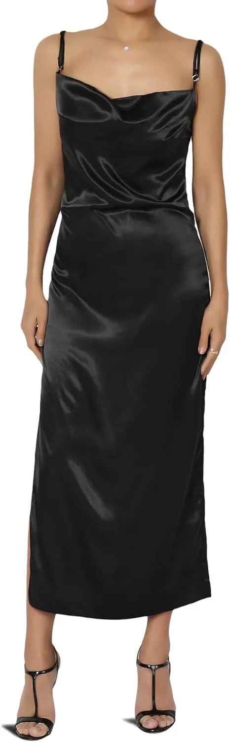 TheMogan Sleeveless Spaghetti Strap Silky Stretch Satin Knee Midi Slip Dress