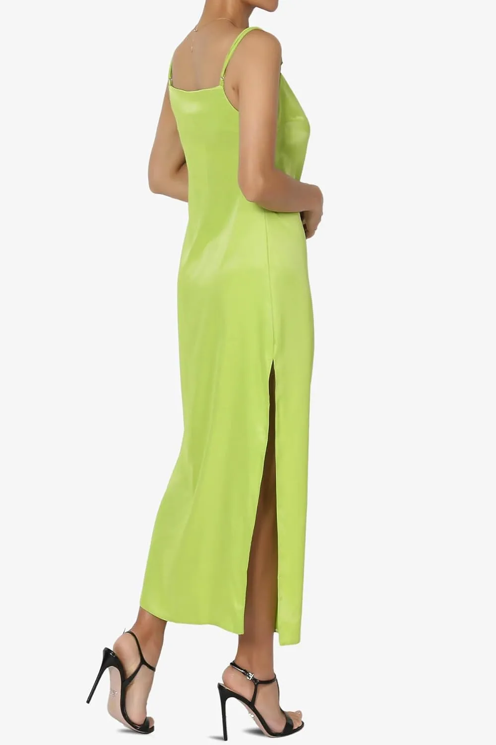 TheMogan Sleeveless Spaghetti Strap Silky Stretch Satin Knee Midi Slip Dress
