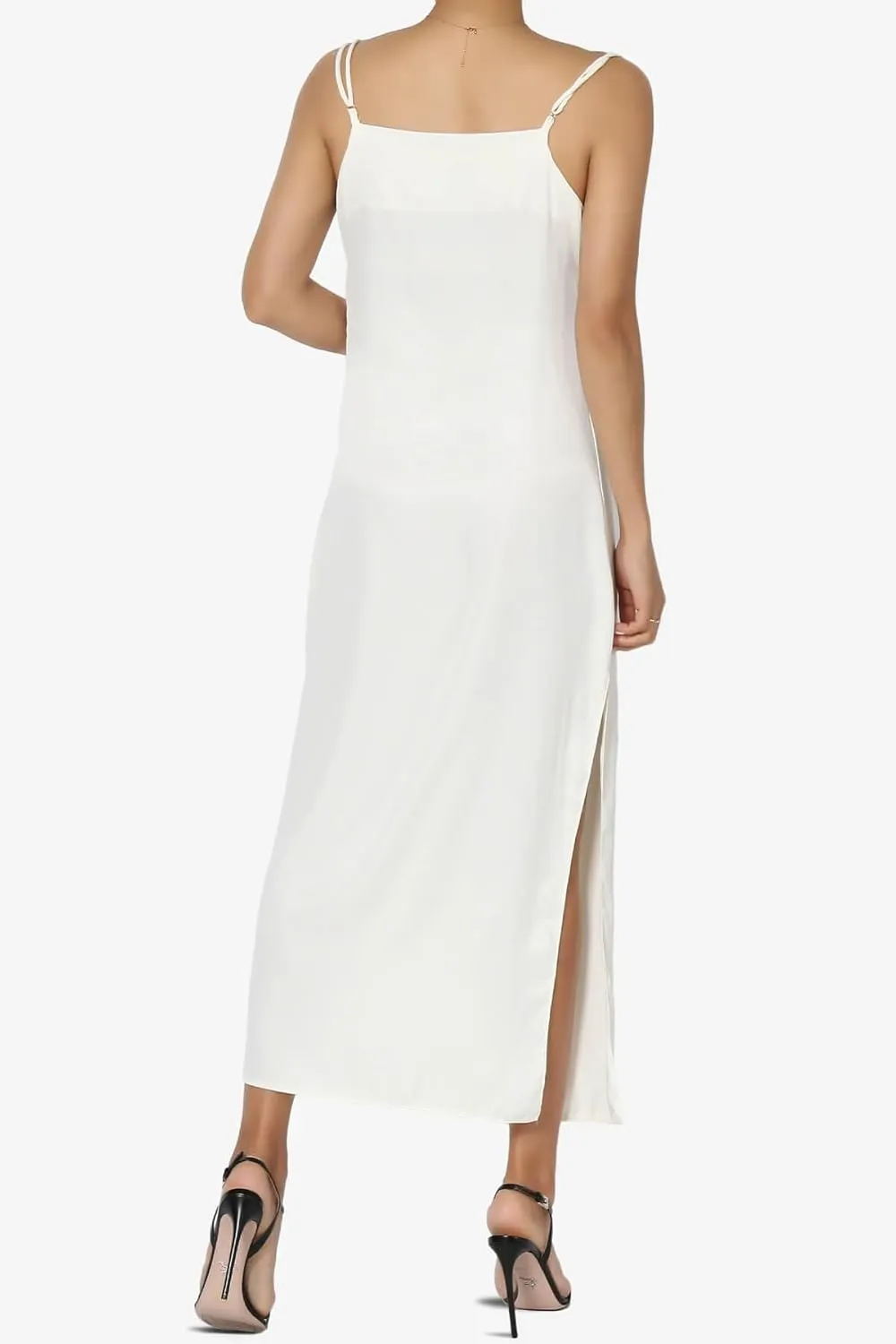 TheMogan Sleeveless Spaghetti Strap Silky Stretch Satin Knee Midi Slip Dress