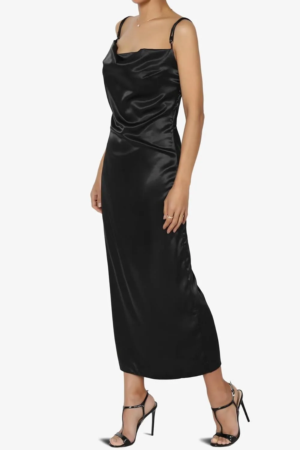 TheMogan Sleeveless Spaghetti Strap Silky Stretch Satin Knee Midi Slip Dress